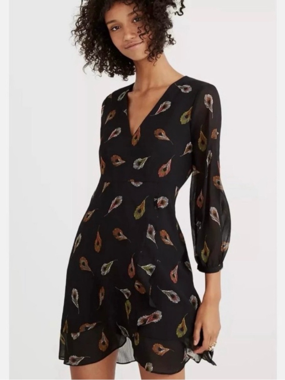 Madewell Black Mini Dress with Multicolor Feather Print